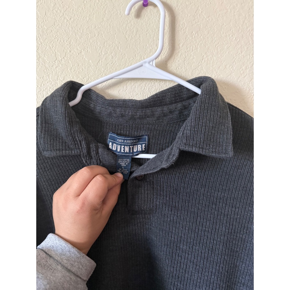 VTG John Ashford Adventure Mens Gray Ribbed Long Sleeve Polo‎ Sweater Knit L - Picture 2 of 5